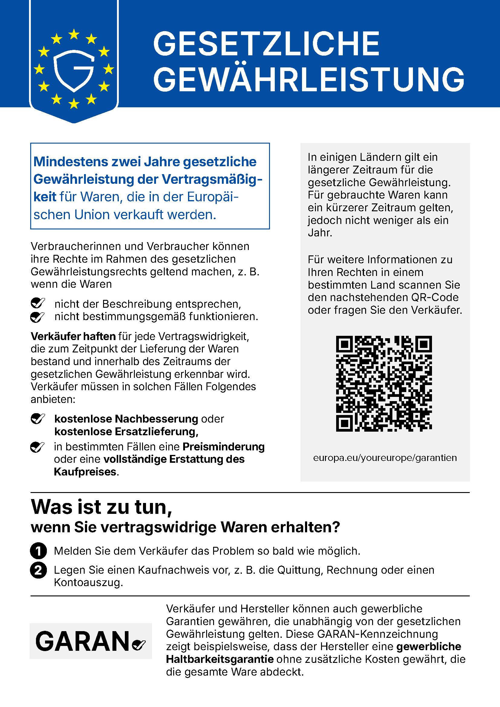 EU-Hinweis zur gesetzlichen Gewährleistung (deutsche Fassung): mindestens zwei Jahre gesetzliche Gewährleistung für in der EU verkaufte Waren